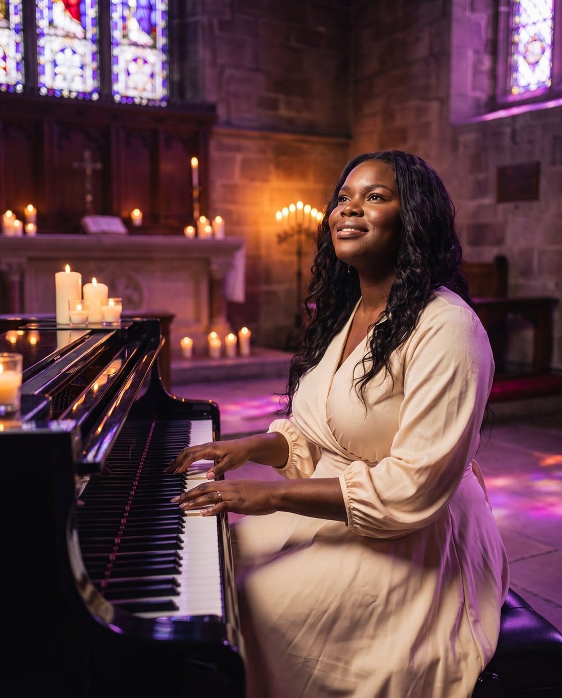Amara Wells smiling at a grand piano in a candlelit stone chapel