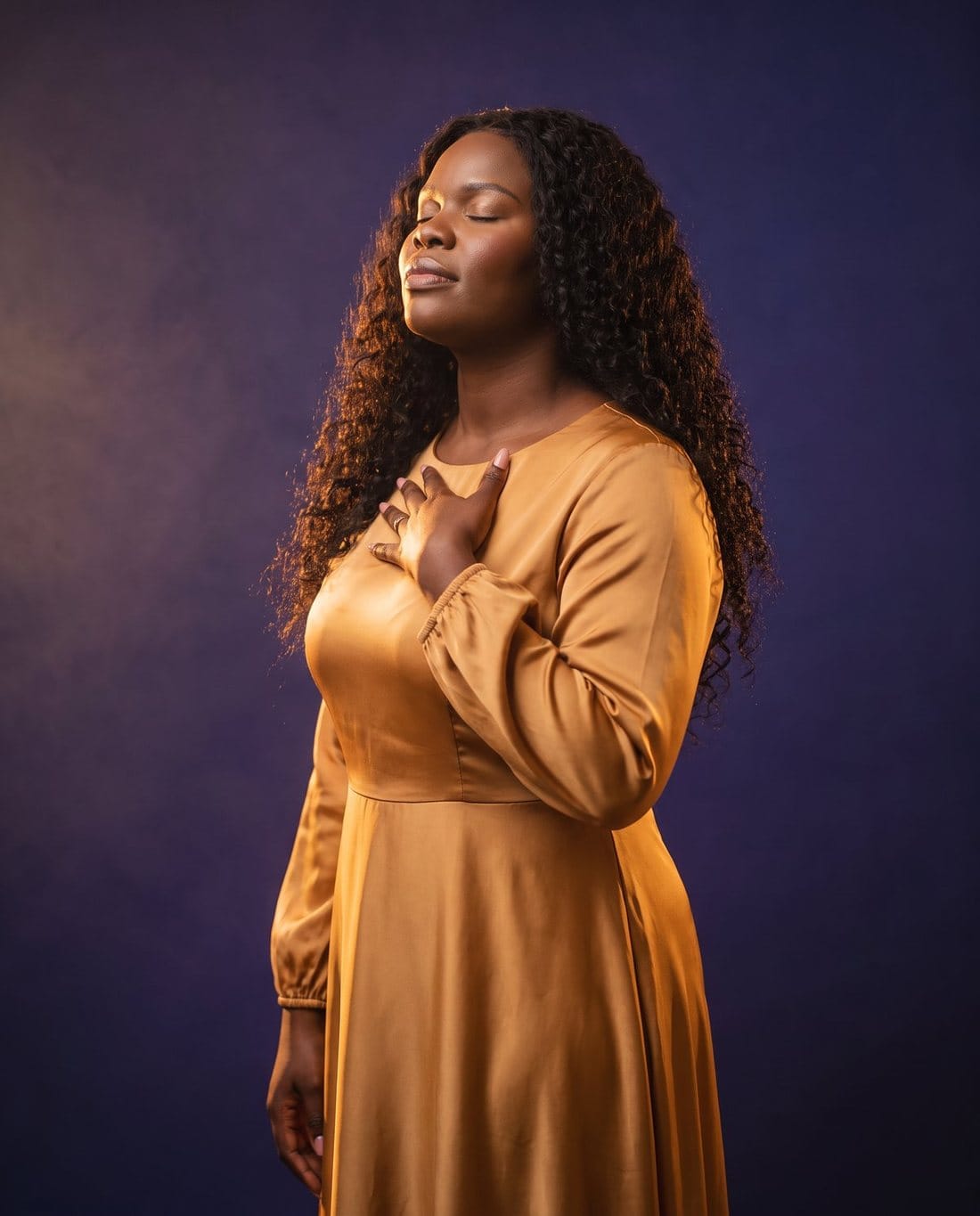Amara Wells with her eyes closed and a hand on her heart, in a gold dress against a deep blue backdrop
